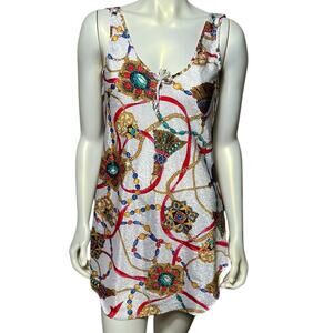 Vintage Bonjour White nightgown Mini Dress Gold Chain Scarf Jewelry Print Small